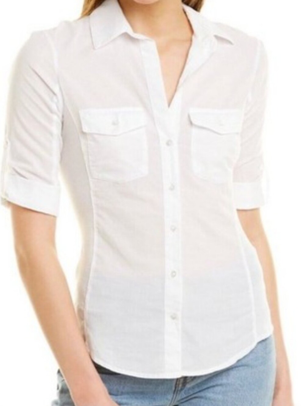 James Perse White Tab Sleeve Button Down Neutral Shirt